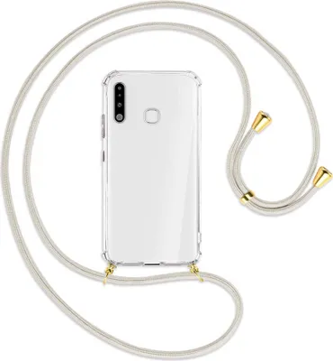Produktbild von Handykette Backcover-Schutzhülle mit Band (Metall goldfarben) für Samsung Galaxy A70e - broken white