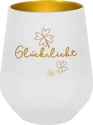 Produktbild von Glücksbringer Windlicht aus Glas mit Gravur "Glückslicht" (weiß)