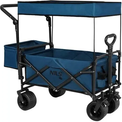 A blue folding wagon with a canopy and side storage bags, shown from a diagonal angle against a white background.