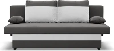 A two-toned gray and white sofa with two large white pillows and two small dark gray pillows on a white background.