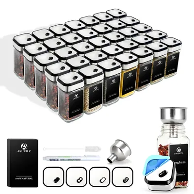 Immagine prodotto di Set di contenitori per spezie - Scaffale girevole a 360° - 35 contenitori in vetro da 120 ml - Ermetico - Riutilizzabile - Trasparente