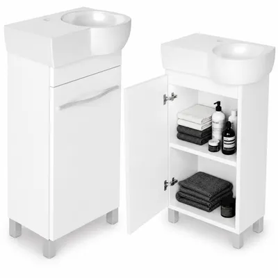 Produktbild von paplinskimoebel Waschtischunterschrank Burgos 50 cm mit Waschbecken Cersanit Weiß – Badezimmermöbel stehend, schmal SLIM, Softclose, kleine Bäder