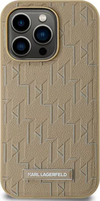 Image de Karl Lagerfeld, Étui pour iPhone 15 Pro Max MagSafe avec monogramme et logo en métal, gris jaune