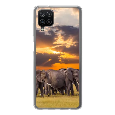 Produktbild von MuchoWow® Handyhülle Schutzhülle Hülle für Samsung Galaxy A12 Elefant - Tiere - Gras - Sonnenuntergang - Natur Silikon Softcase Handy Hülle - Bild