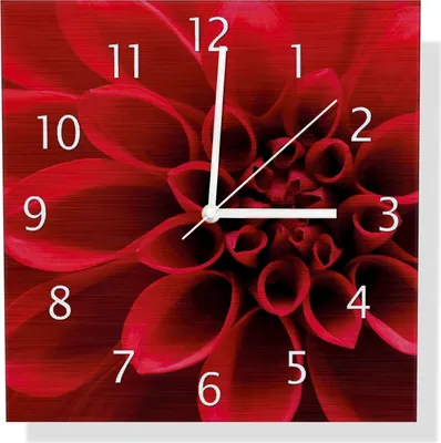 Produktbild von Wallario Design Wanduhr Rote Dahlienblüte in Nahaufnahme aus Aluverbund, Größe 30 x 30 cm