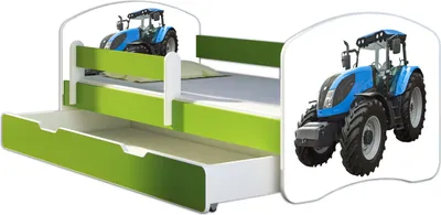 Produktbild von ACMA Jugendbett Kinderbett Junior-Bett Komplett-Set mit Matratze Lattenrost und Rausfallschutz Grün 42 Traktor 140x70 + Bettkasten
