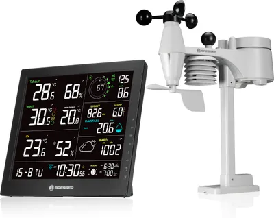 Immagine prodotto di Stazione meteorologica Wi-Fi Bresser 8-in-1 con sensore esterno, anemometro, pluviometro, sensore UV, WBGT, allarme calore, previsioni, fasi lunari e igrometro interno