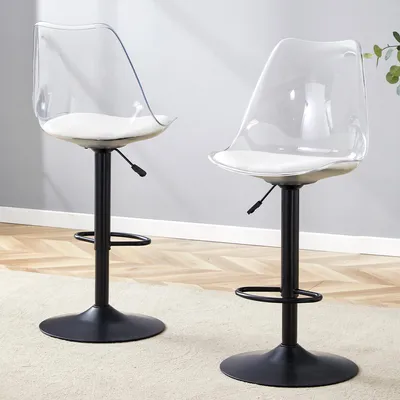 Image de Lot de 2 tabourets de bar réglables, dossier en plastique transparent, assise en PU, pieds en métal noir
