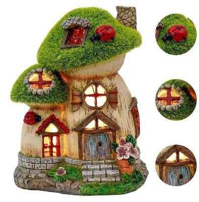 Produktbild von Solar Feenhaus Pilz Gartendeko, Kunstharz handbemalt, wetterfest, LED warmweiß – für Terrasse, Balkon, Geschenk
