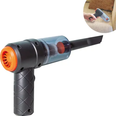 A handheld vacuum cleaner with a transparent dustbin and an orange nozzle.
