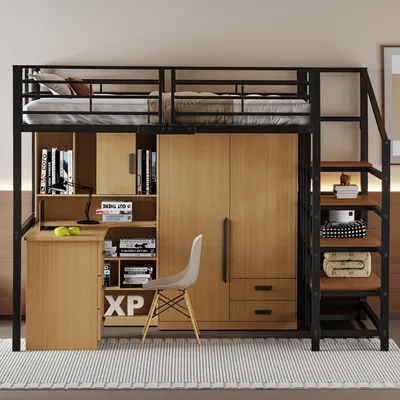 Produktbild von Hochbett mit Lattenrost, Treppe und Rausfallschutz, 140x200 cm, Metallbett, Kinderbett, Jugendbett