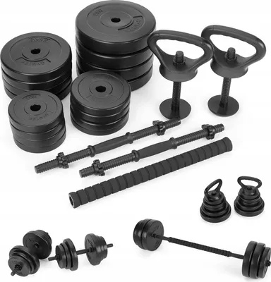 Produktbild von Gymtek® 3-in1 Krafttraining Set - Gym Set -  2x Kurzhanteln, 1x Langhantel, 2x Kettlebell, 4x Sternverschlussen - 2x 20 kg