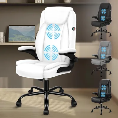 Imagen del producto de Silla de escritorio con masaje, silla de ordenador ergonómica con reposabrazos, silla de escritorio de cuero sintético, capacidad de carga de 150 kg, respaldo ajustable de 90-135°, altura ajustable