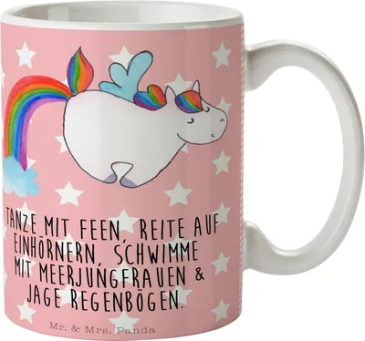 Produktbild von Mr. & Mrs. Panda Tasse Einhorn Fliegendes Pferd - Rot Pastell - Geschenk, Teetasse, Unicorn, Glitzer, haferl, heißgetränkebecher, Spielen, Regenbogen, Realität