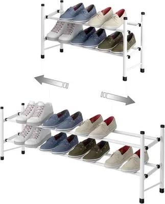 Immagine prodotto di Scarpiera espandibile a 2 livelli per riporre fino a 12 paia di scarpe, scarpiera impilabile regolabile per il corridoio, 62~114 x 22 x 35 cm (bianco, 2 ripiani)