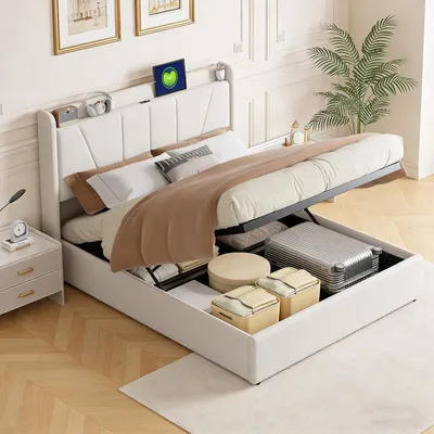 Produktbild von Boxspringbett 160x200cm Bett mit Stauraum,Doppelbett Bettgestell mit Hydraulische Bettkasten,Kopfteil mit USB,Beige Leinen Polsterbett,ohne Matratze
