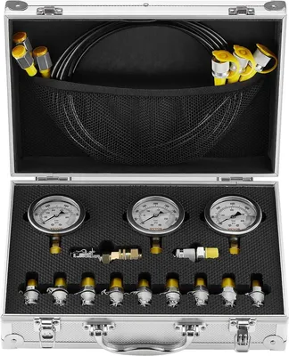 Zdjęcie produktu dla Zestaw do testowania ciśnienia hydraulicznego, 250/400/600 bar, 3 manometry, 11 złączy testowych, 3 węże testowe, zestaw manometrów do testowania hydrauliki koparek z przenośną walizką do koparek, ciągników i maszyn budowlanych