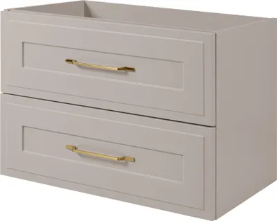A light gray bathroom vanity cabinet with two drawers and gold handles, shown against a white background.