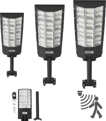 Immagine prodotto di SucceBuy Lampione solare 450000LM, lampione da 8000W con sensore crepuscolare, proiettore LED con sensore di movimento, lampada da esterno impermeabile IP67 per vialetti e cortili, set da 3 pezzi