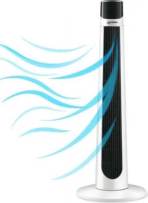 A white and black tower fan with blue air waves emanating from it, against a white background.