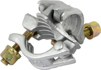 A close-up studio shot of a metal scaffolding clamp.