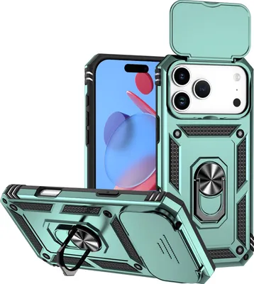Obrázek produktu pro Pouzdro pro iPhone 17 Pro Max dvouvrstvé pouzdro s posuvným krytem kamery a prstencovým stojánkem zelené