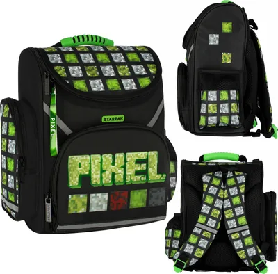 Produktbild von Pixel Game schwarz-grüner Schulrucksack für Jungen, Schulranzen 37x32x20cm, gepolstert