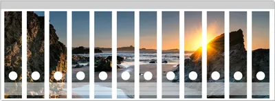 Produktbild von Wallario Ordnerrücken Sticker, selbstklebend für breite Ordner, 12 Stück, Motiv Sonnenuntergang hinter einem Felsen am Strand