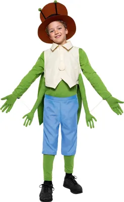 A young boy wearing a grasshopper costume.