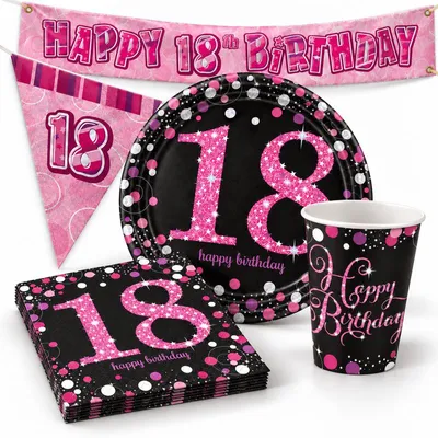Produktbild von Partyset 18. Geburtstag Party Deko pink schwarz Einweggeschirr