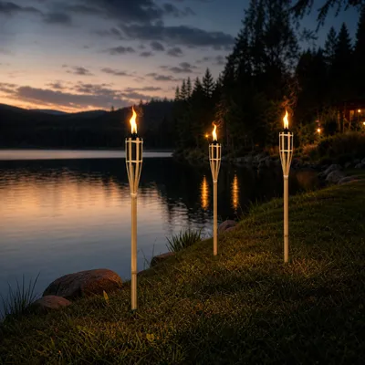 Produktbild von ACXIN Gartenfackeln 90 cm, 48 Stück Bambusfackeln mit Erdspieß, nachfüllbar Metall‑Ölbehälter für Gartenparty, Camping und Outdoor‑Events