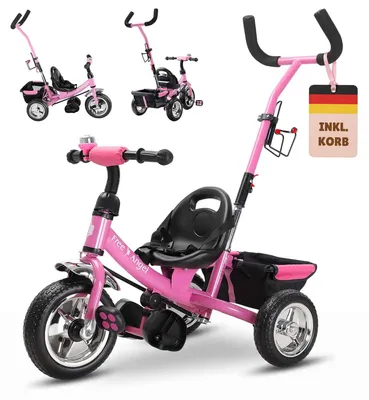 Produktbild von Spielwerk® Dreirad 2in1 mit Schubstange ab 1 Jahr Getränkehalter Kinderdreirad Klappbare Fußablage Baby Buggy Laufrad Kinderwagen Kleinkind Rosa