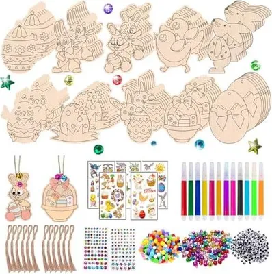 Produktbild von Holzanhänger Ostern Zum Bemalen,289 Stück Bastelset Ostern Kinder,Ostern Basteln Holz,Osterdeko zum Basteln,Ostern Anhänger Holz,Osterhase Ostereier Küken,mit Schnur, Acrylstifte,Osteraufkleber