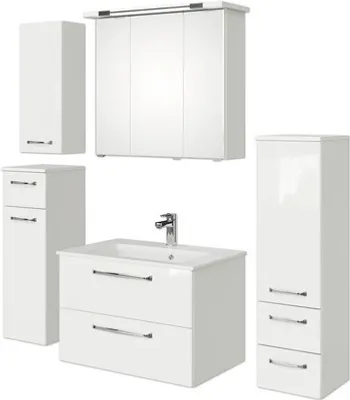 Produktbild von Pelipal Badmöbel-Set Kumba BxHxT 137 x 200 x 50 cm Frontfarbe weiß glanz mit Mineralguss-Waschtisch weiß, Midischrank, U