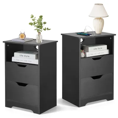 Two black nightstands are shown side-by-side against a white background.