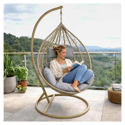 Produktbild von Hängesessel mit Gestell aus Polyrattan, Hängekorb in Beige/Grau