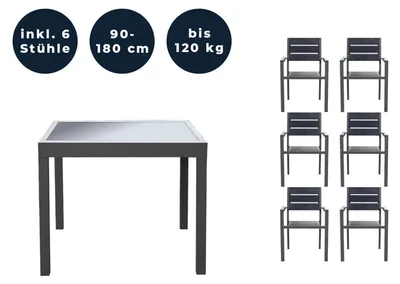 Produktbild von HOME DELUXE - Gartentisch ausziehbar - VERANO - ca. 90 (180) x 90 x 75 cm - inkl. 6 Stühlen, Gestell Aluminium, Tischplatte Glas,inkl. Zubehör I Gartenmöbel Ausziehtisch Balkonset