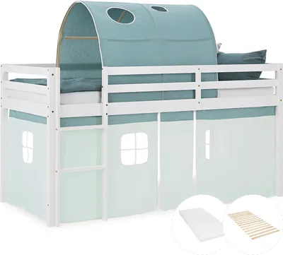 Obrázek produktu pro Hochbett Kinder 90x200 cm mit Matratze Kinderbett Kinderhochbett Stockbett Tunnel Vorhang Grün Mintgrün Holz Massiv Lattenrost