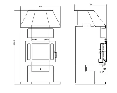 Technical drawings of a fireplace, showing front and side views with dimensions.