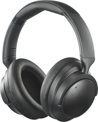 A pair of black over-ear headphones shown from a front-side angle against a white background.