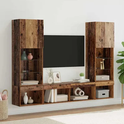 Zdjęcie produktu dla Maison Exclusive - Szafki pod telewizor z oświetleniem LED, 5 sztuk, wykonane z recyklingowanego drewna i płyt drewnopochodnych