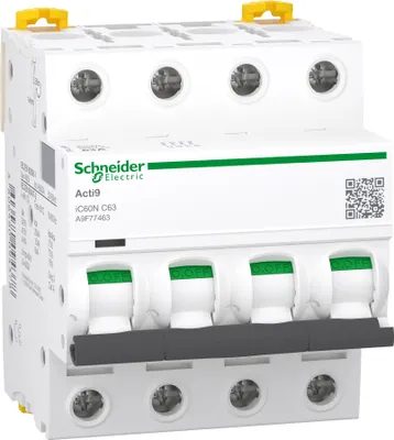 Image de Acti9 iC60N - Disjoncteur - 4P - 63A - Courbe C - 400Vca - 6000A/10kA - SCHNEIDER ELECTRIC - A9F77463