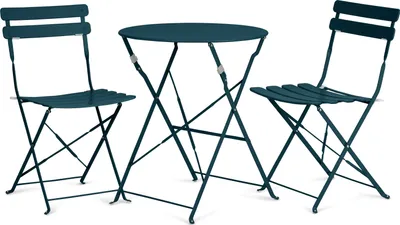 A dark blue, foldable bistro set consisting of a round table and two chairs, displayed on a white background.