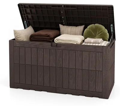 Produktbild von KOMFOTTEU 380 L wetterfeste Auflagenbox, abschließbare Aufbewahrungsbox mit Deckel, Gasdruckfedern & Griffen, 2-in-1 Terrassenbank und Kissenbox für Kissen, Gartenwerkzeug & Poolzubehör