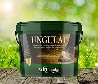 A green bucket of St. Hippolyt Ungulat Hufkur is shown in a natural setting with grass and sunlight.