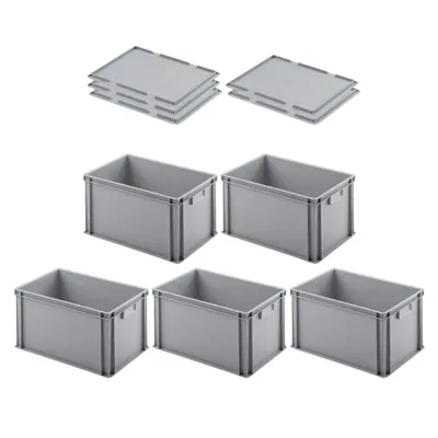 Produktbild von SuperSparSet 5x Eurobehälter mit geschlossenem Griff & Auflagedeckel | HxBxT 32x40x60cm | 56 Liter | Grau | Eurobox, Transportbox, Transportbehälter, Stapelbehälter