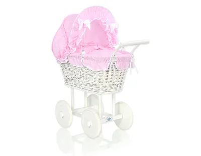 Image de Chariot en osier pour poupées avec literie rose et châssis en bois blanc