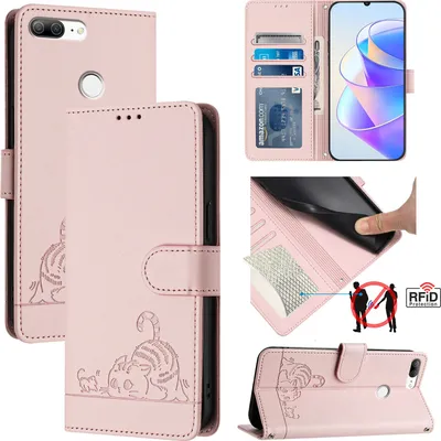 Produktbild von Leder Hülle für Honor 9 Lite Süße Katze Flip Case Brieftasche Schutzhülle mit Standfunktion Pink
