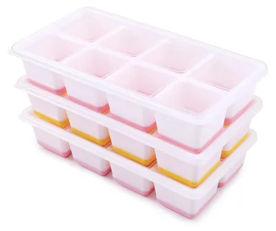 Produktbild von Eiswürfelformen 3er Set mit Deckel BPA Frei Stapelbar für Cocktails Babybrei 24 Große Eiswürfel Rosa Gelb