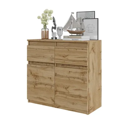 Zdjęcie produktu dla Komoda 80 Cm Dąb Wotan 2 Szuflady, 2 Drzwi, 2 Półki,Salon, Sypialnia